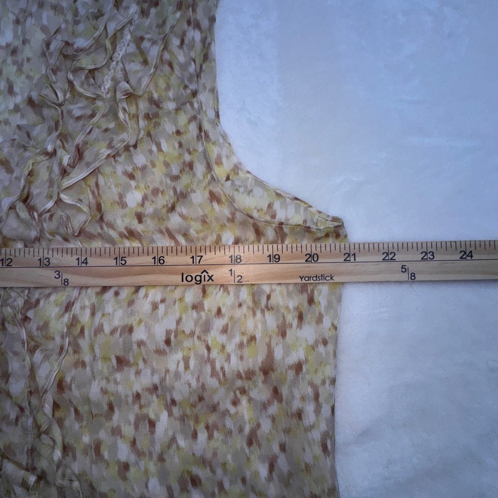 Talbots Blouse Womens 10 Tan Silk Ruffle V-Neck Sleeveless Abstract Ikat Top - Picture 3 of 8